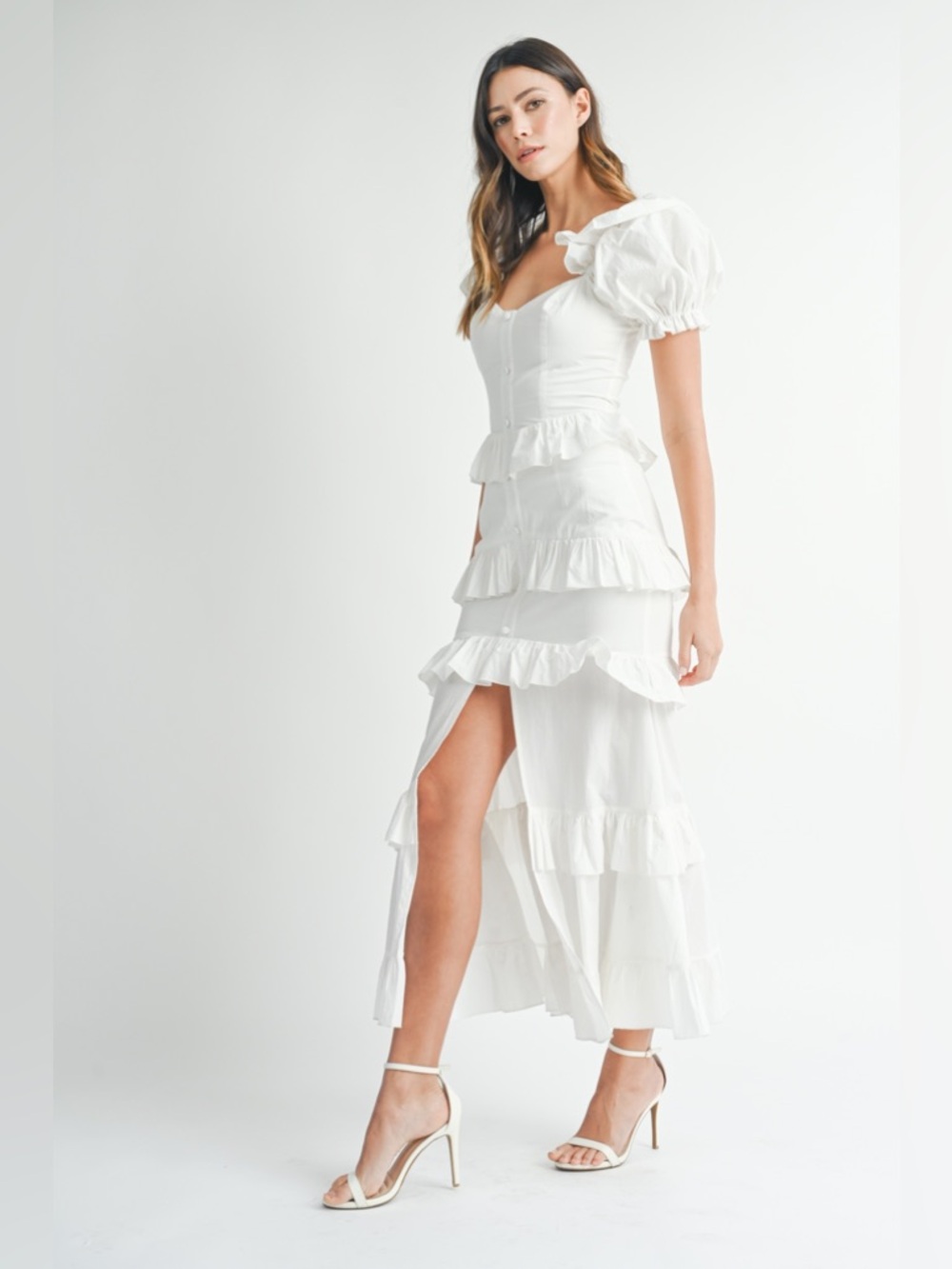 MABLE white button ruffle tiered maxi dress with slit in front puffed sleeves
